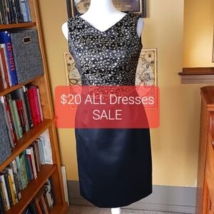 COCKTAIL DRESS Black Gold embroidered bodice lined satin skirt holiday p…